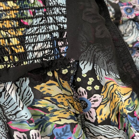 Floral Blouse Sheer Long Sleeve FLAWED Shirred Smocked Ruffles Blue Long Sleeve - Picture 9 of 15